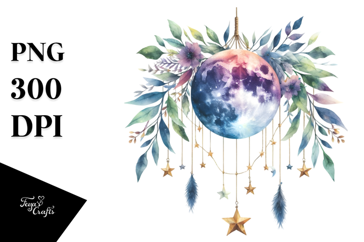 Watercolor Boho Moon Foliage Stars