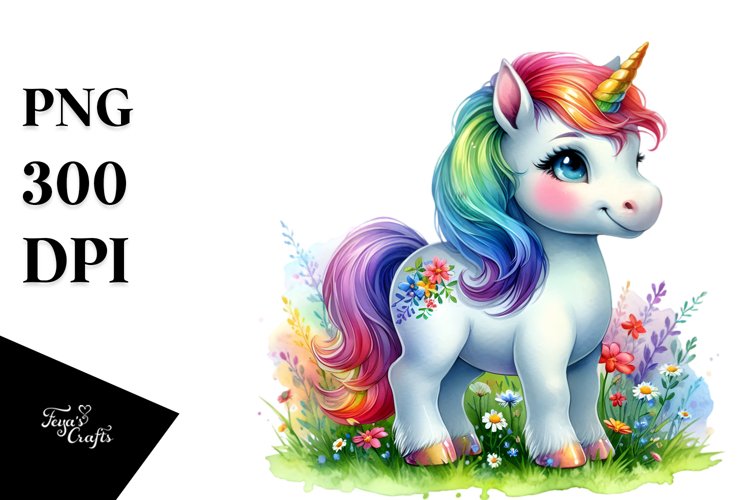 Colorful Baby Unicorn in Meadow, PNG