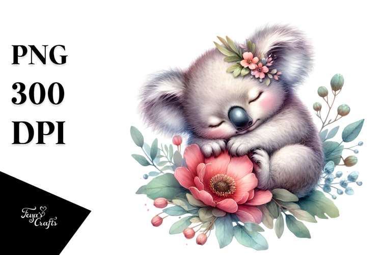 Digital Watercolor with Adorned Baby Koala, Sleeping PNG