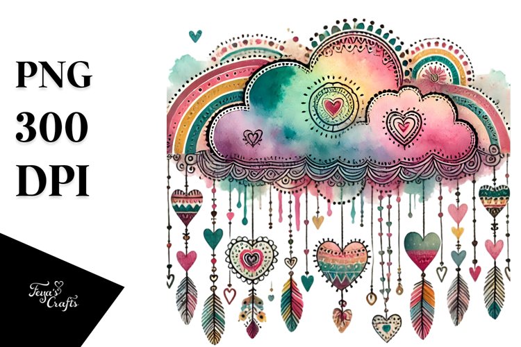 Colorful Boho Cloud with Hanging Hearts PNG