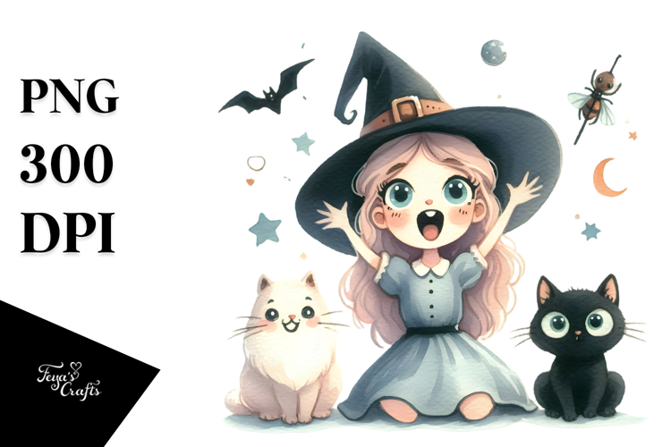 Excited Witch with Cat and Magic Potion, PNG