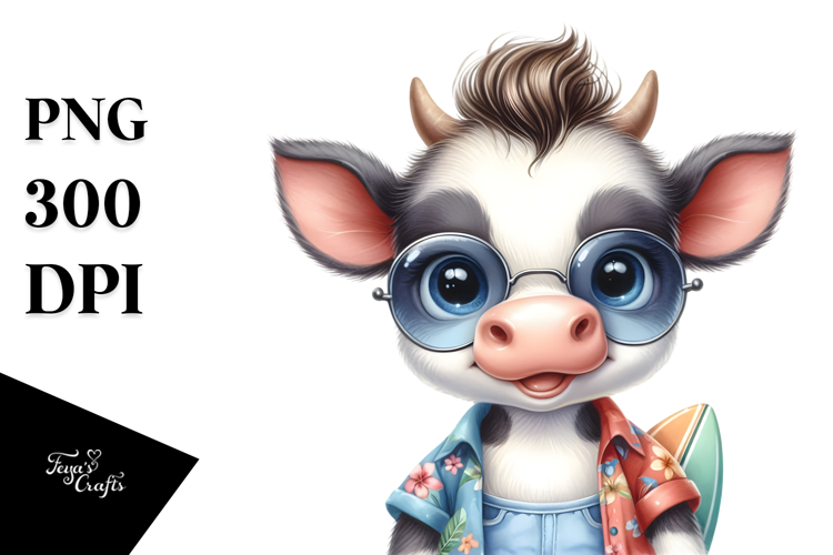Energetic Baby Cow Dressed for the Beach PNG