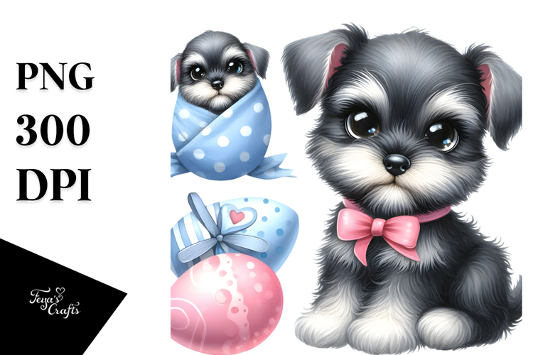 Watercolor Baby Cartoon Miniature Schnauzer with Big Eyes,