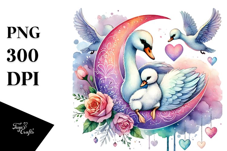 Baby Swan on Half Moon Heart PNG