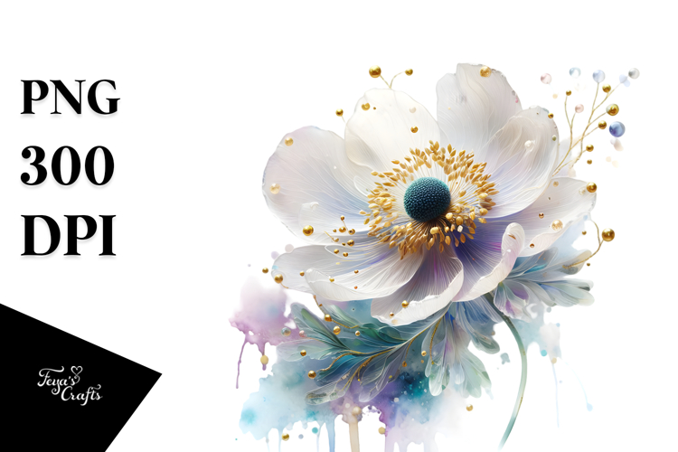 Anemone with Golden Insertions, Watercolor PNG
