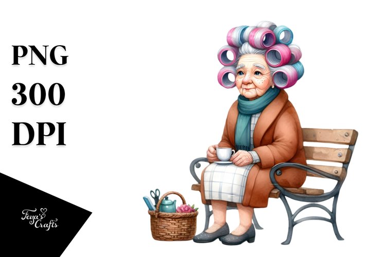 Old Lady Sitting on Bench with Tea Cup | Clipart