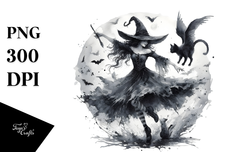 Gothic Dancing Witch with Cat PNG