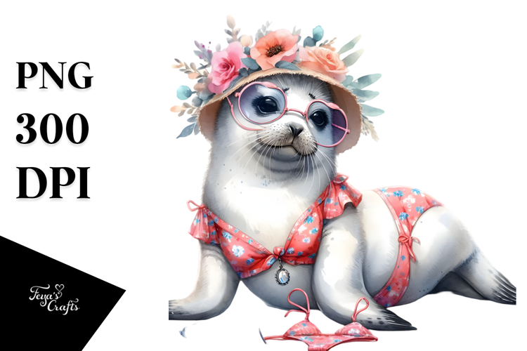 Digital Watercolor Adorned Baby Seal PNG