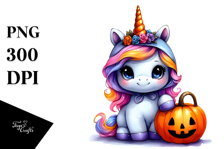 Cute Baby Unicorn with Pumpkin, Watercolor PNG