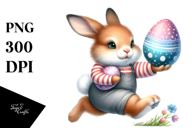 Watercolor Bunny Running with Easter Egg PNG
