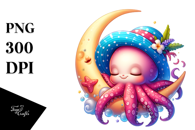Cute Baby Octopus Sleeping on Cloud
