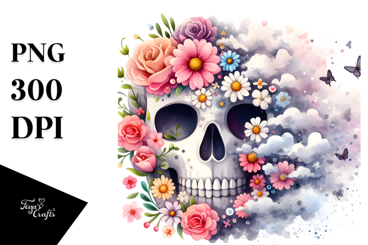 Skull Half Flowers, Cloudy Dust PNG