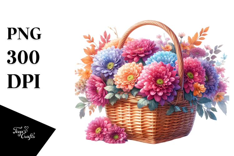 Colorful Basket with Chrysanthemum, PNG