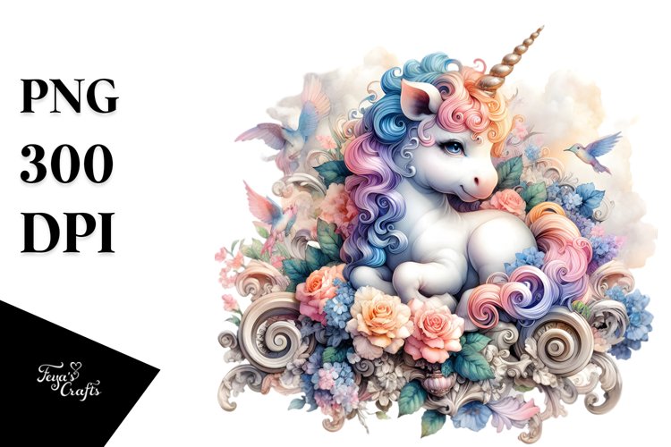 Colorful Baby Unicorn in Baroque Garden, PNG