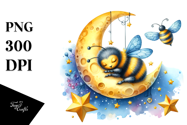 Vibrant Bee Sleeping Moon Hanging Stars Clipart
