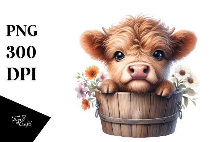Cute Baby Highland Cow in Wood Bucket PNG