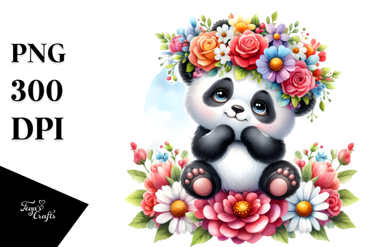 Colorful Flower Crown Panda | Sublimation Clipart