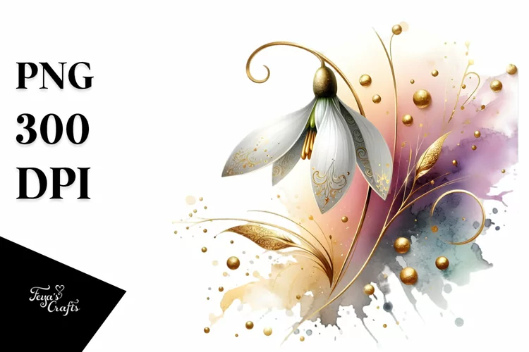 Abstract Glossy Snowdrop with Golden Accents | Watercolor