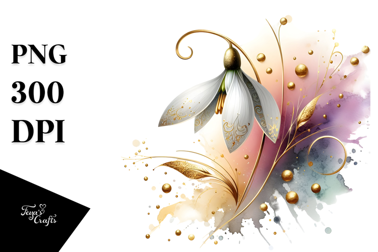 Abstract Glossy Snowdrop Shiny Golden Insertions Watercolor