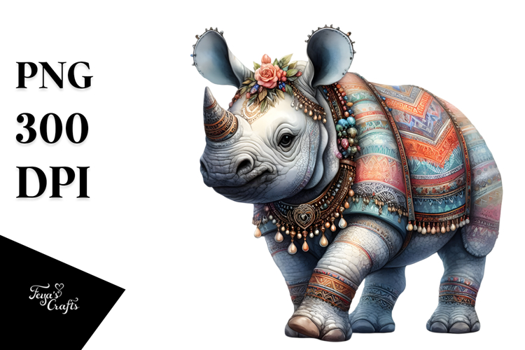 Digital Watercolor with Baby Rhino PNG