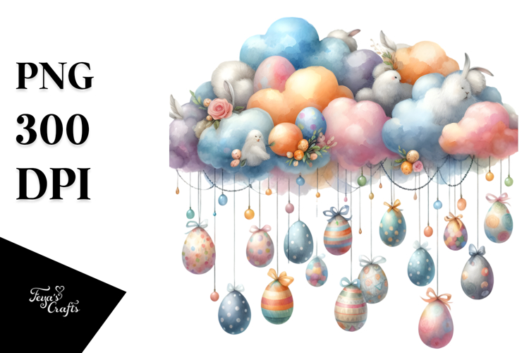 Watercolor Colorful Cloud with Easter Eggs PNG