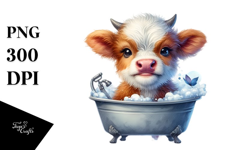 Smiling Baby Highland Cow in a Bath Tub | Clipart
