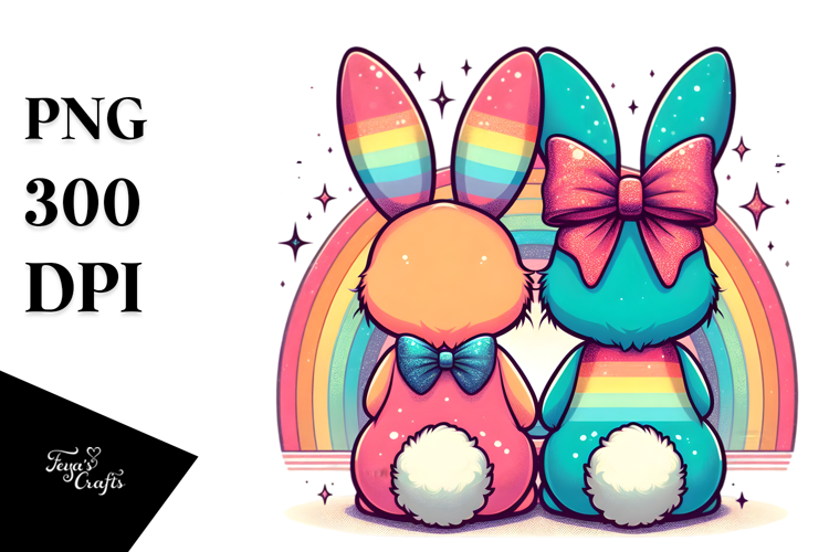 Vintage Bunnies with Glittery Bow PNG