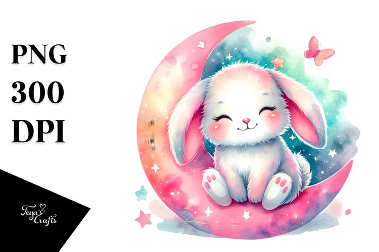 Colorful Bunny on Smiling Moon PNG