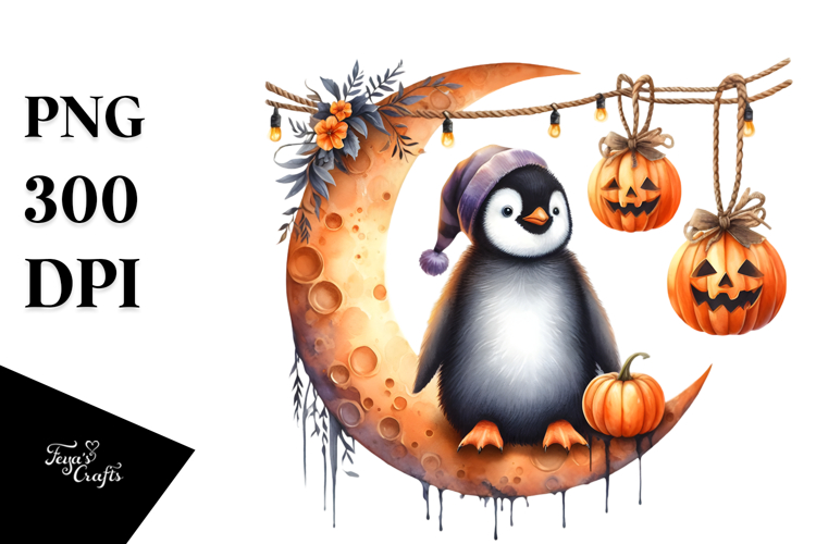 Watercolor Penguin on Halloween Moon PNG