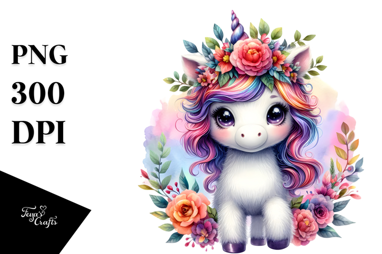 Cute Unicorn with Floral Wreath PNG