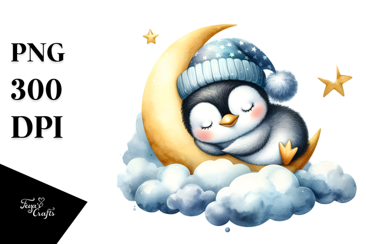 Sweet Baby Penguin Sleeping on Moon, PNG