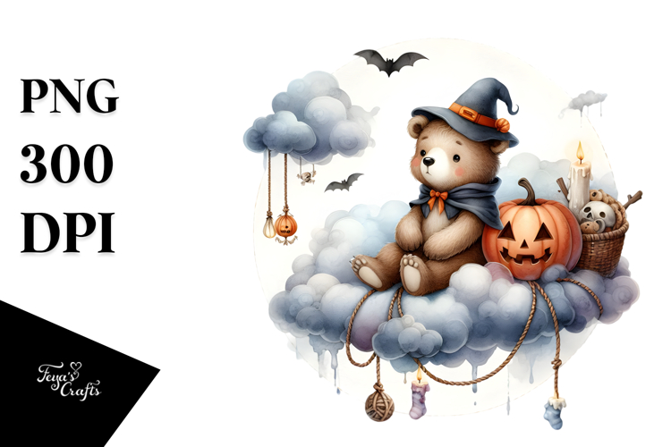 Bear on Cloud with Halloween Theme PNG