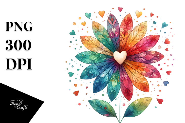 Colorful Watercolor Simple Boho Flower with Heart Petals,