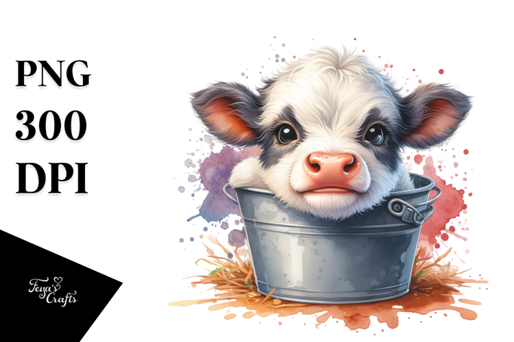 Cute Baby Hignland Cow Recipient Watercolor Splash Clipart