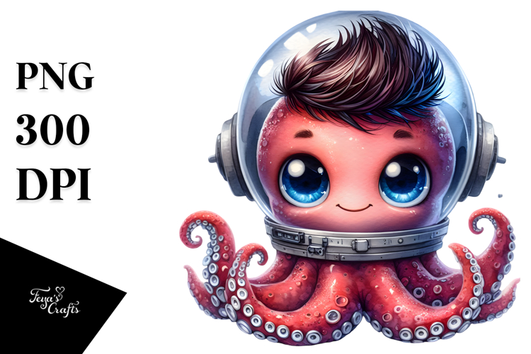 Cute Baby Octopus in Astronaut Helmet PNG example image 1