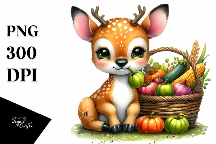 Baby Deer Sitting with Autumn Vegetables | Sublimation |