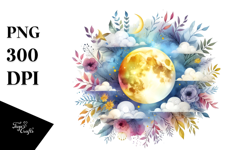 Whimsical Moon with Foliage | Clipart