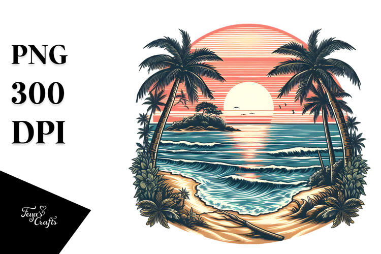 Vintage Tropical Island Sunset PNG