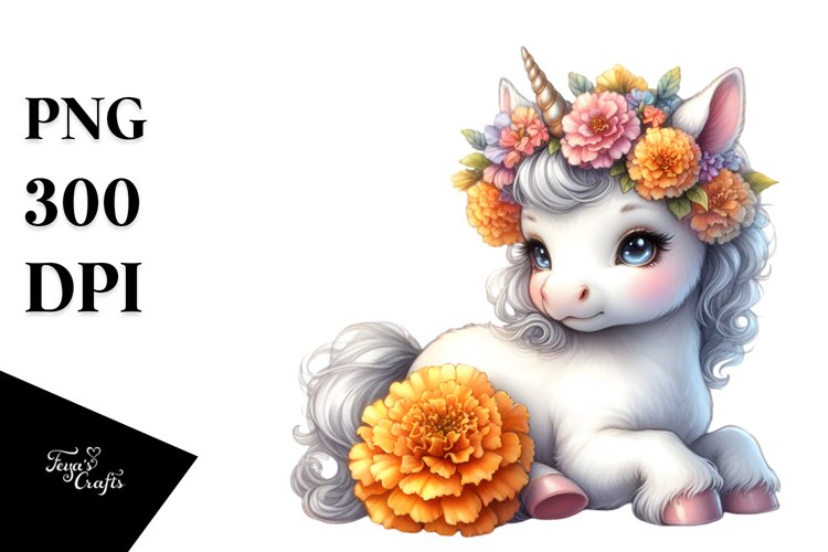 Cute Baby Unicorn Huging Flowers Clipart