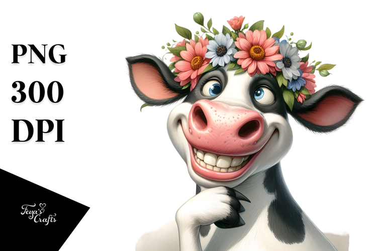 Whimsical Cow with Flower Crown, PNG