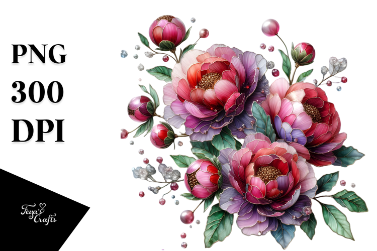 Peonies with Metallic Insertions, Watercolor PNG
