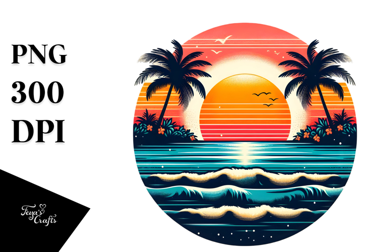 Retro Tropical Island Sunset, PNG