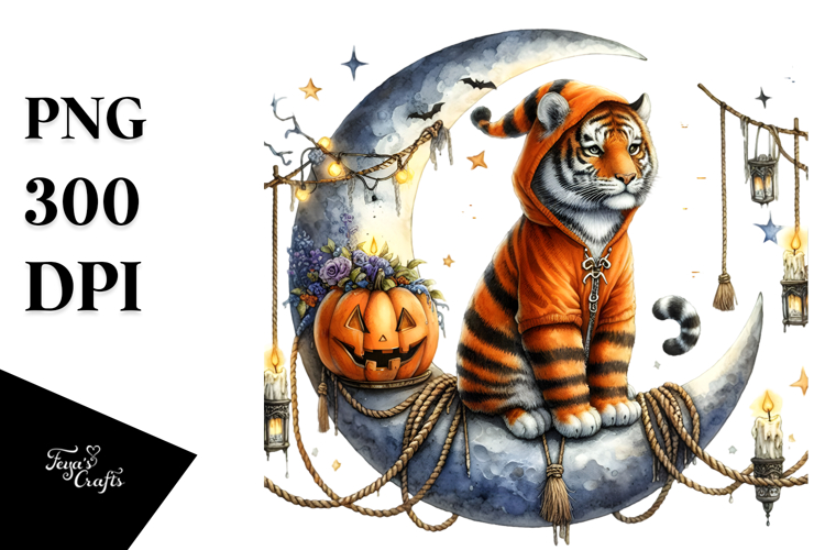 Tiger Dressed for Halloween, Watercolor PNG