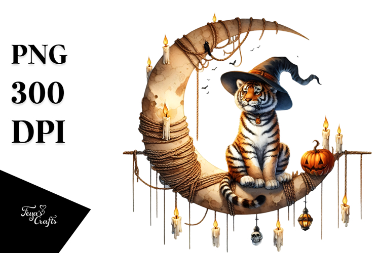 Halloween Tiger on Half Moon PNG