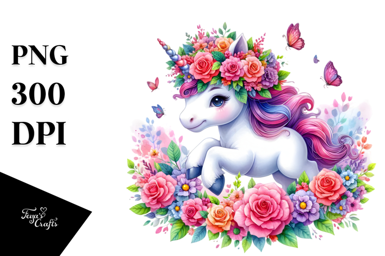 Unicorn with Floral Wreath, Style PNG