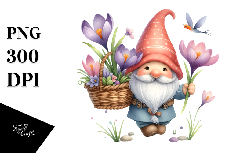Cute Gnome with Hyacinth Basket PNG