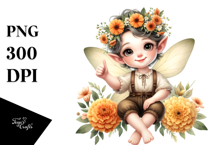 Watercolor Fairy Thumbs Up Flowers Marigold | Sublimation |