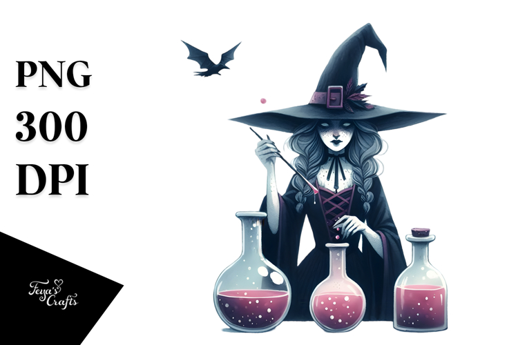 Whimsical Vintage Witch, Watercolor PNG