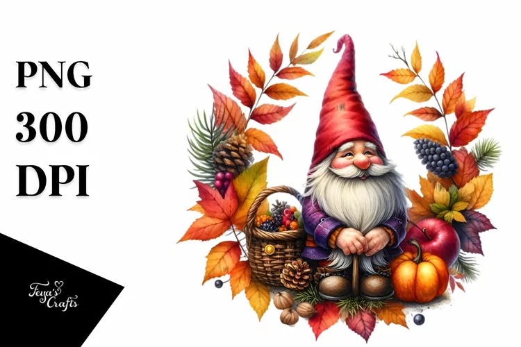 Vibrant Watercolor Autumn Gnome