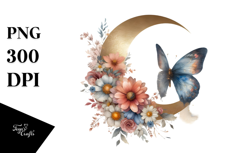 Boho Butterfly Half Spring Flowers Watercolor Digital Art